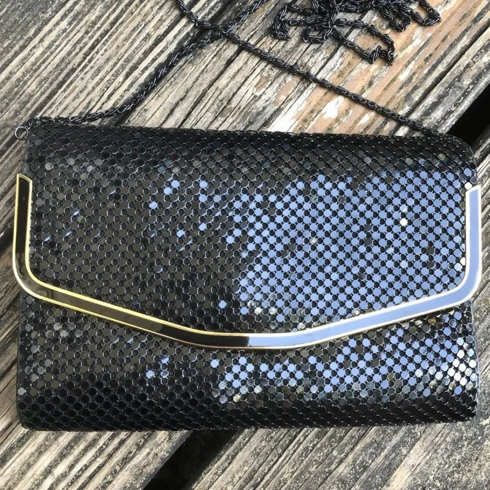 Black Metal Mesh Purse Envelope Clutch Bag Gold Accents Disco Vintage 70s 80s